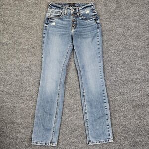 Silver Most Wanted Straight Jeans Women's 24 Med Wash Distressed Button Fly Blue